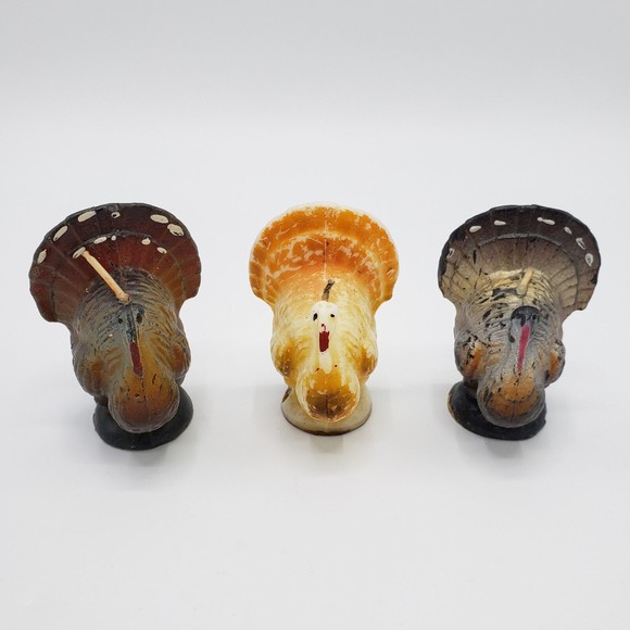 Lot of 3 Vintage Gurley Thanksgiving Turkey Candles 3" Unburned Autumn Labels - Picture 1 of 16